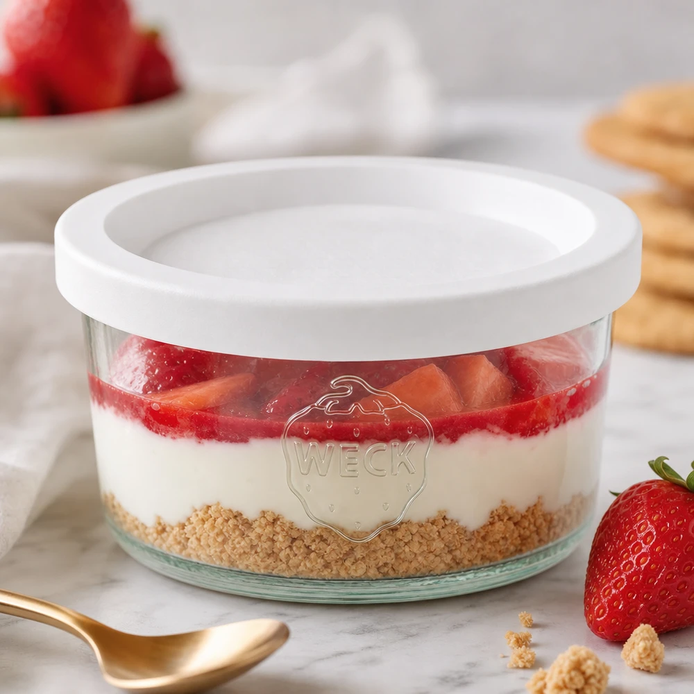 165 ml Briller med friskhedslåg WECK RR80 WECK 165 ml RR80-glas som dessertskål med jordbær og kiksebund ved siden af en gylden ske på marmor