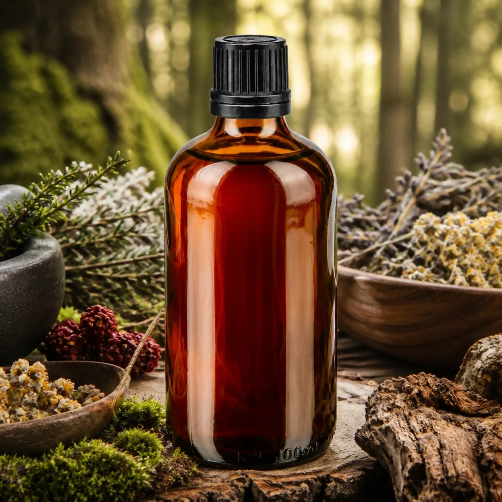 100 ml dråbeflaske af brunt glas med sort OV-lukning, omgivet af skovurter og naturmaterialer