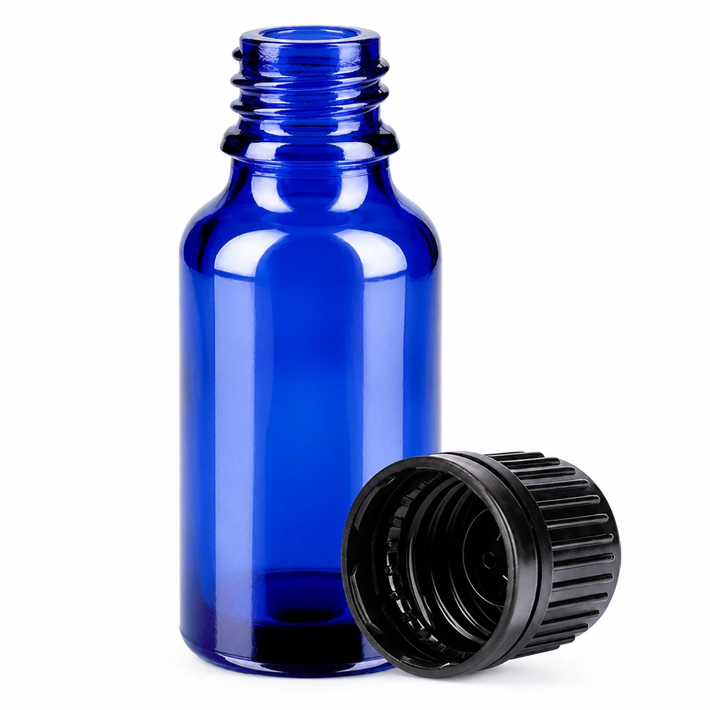 20 ml flaske 11 mm SV sort OV BlueLine UT18/20 20 ml blå glasflaske med 11 mm gevind og sort hætte til præcis dosering