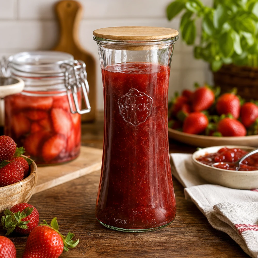 700 ml delikatesseglas WECK RR80 med trælåg WECK glaskrukke 700 ml med bambuslåg fyldt med jordbærmarmelade køkken scene konservering opbevaring