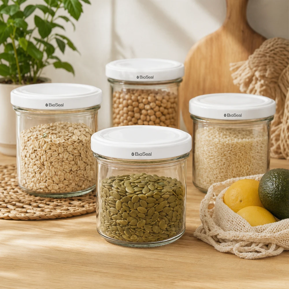 UNiTWIST Lintel125 med hvidt låg TO66 BioSeal UNiTWIST-beholdere 125 ml opbevaringskrukker sæt til opbevaring af bælgfrugter, nødder og korn TO66 BioSeal-låg køkken