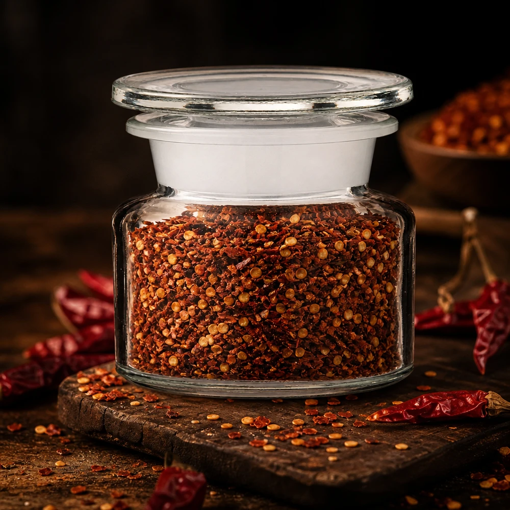 Idé til krydderiglas: apotekerflaske 50 ml med bred hals i klart glas Apotekerflaske på 50 ml med bred hals af klart glas, fyldt med chiliflager ved siden af tørrede røde chilifrugter