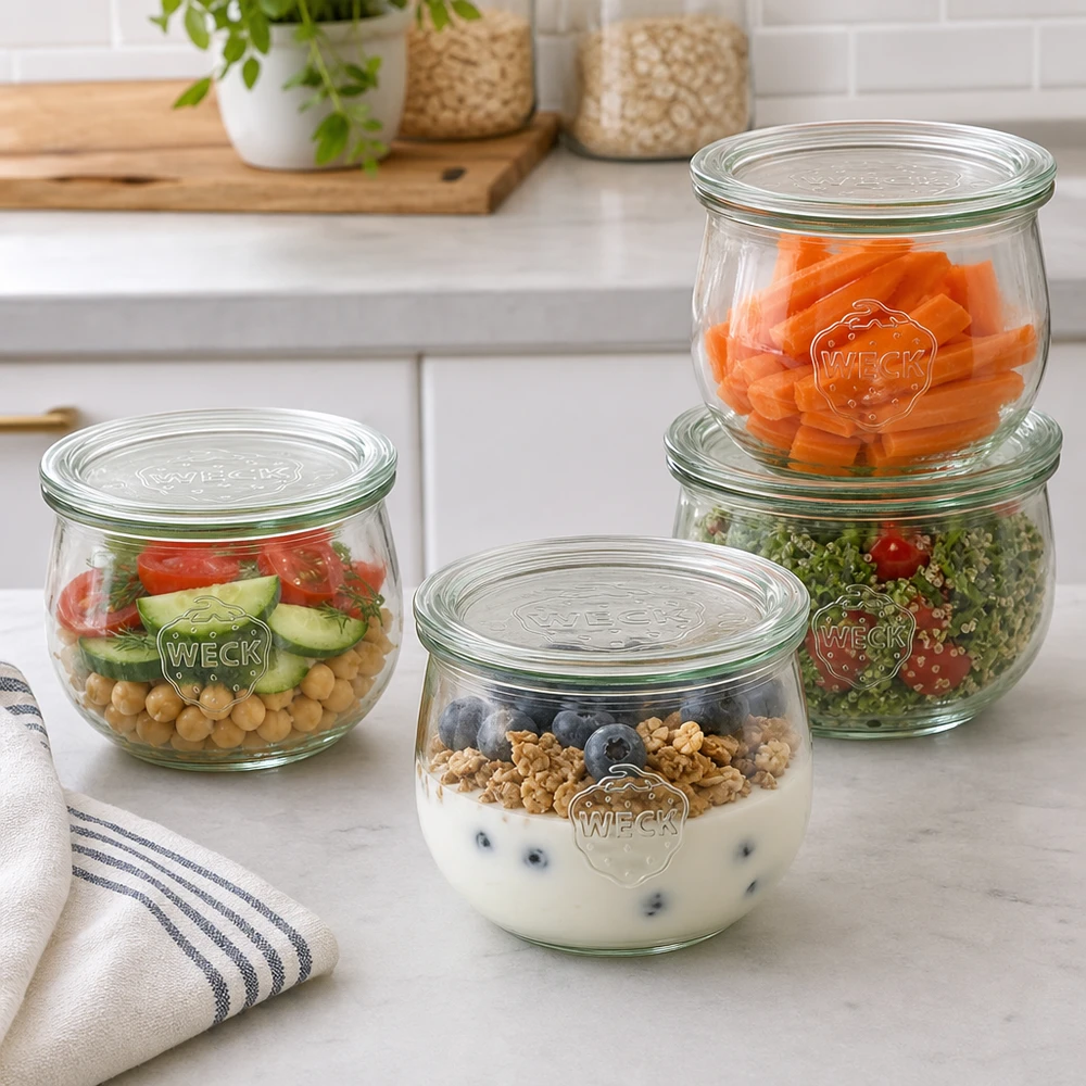 580 ml tulipankrukke med glaslåg WECK RR100 WECK tulipankrukker 580 ml RR100 som praktiske måltidsbeholdere med salat, yoghurt og grøntsager i det moderne køkken