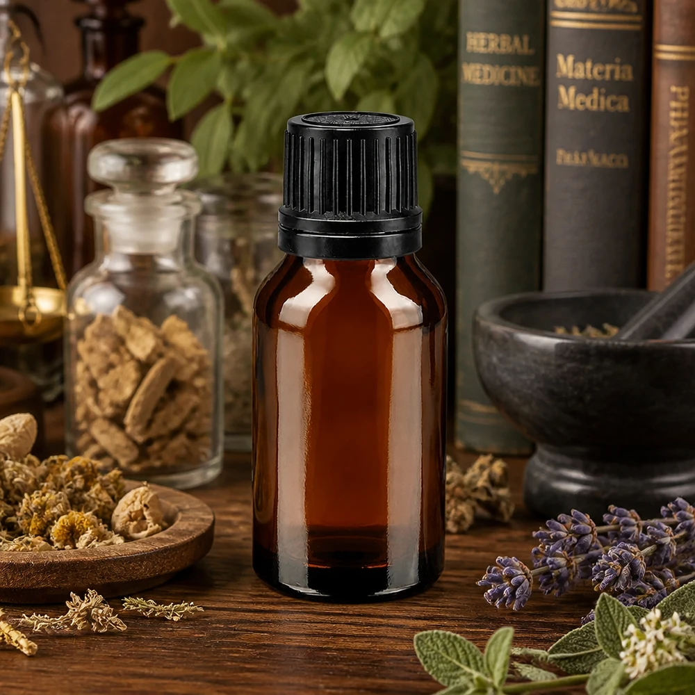 Brun 15 ml apotekerflaske med skruelåg mellem lægeurter som lavendel og bøger om materia medica