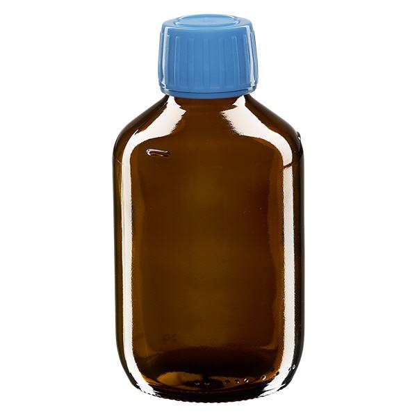200 ml medicinflaske brun, blå hætte med tyverisikring ApoGlas. Farmaceutisk kvalitet fra EU-produktion. 28 mm (PP28) gevind. (sirup, lys glasflaske) 200 ml medicinflaske brun, blå hætte med tyverisikring ApoGlas. Farmaceutisk kvalitet fra EU-produktion. 28 mm (PP28) gevind. (sirup, lys glasflaske)