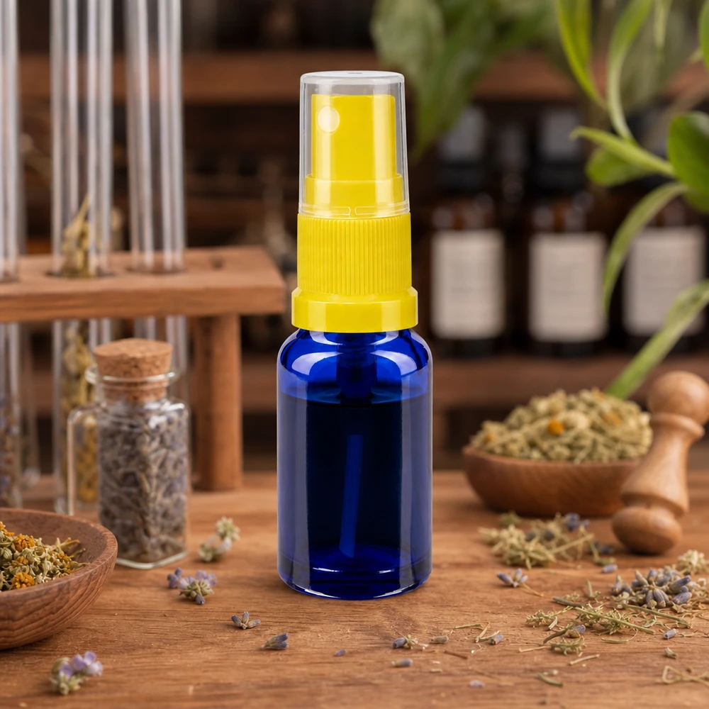 Blå 30 ml apoteksflaske med gul sprøjtehoved blandt tørrede urter og lægeplanter