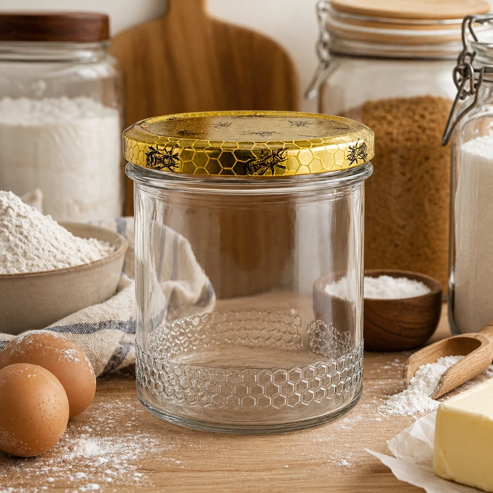 560 g honningglas med honningkagemønster-låg BasicSeal UNiTWIST Tom 400 ml honningkrukke med gyldent honeycomb-låg i rustikt køkken, bageingredienser og æg til biavl