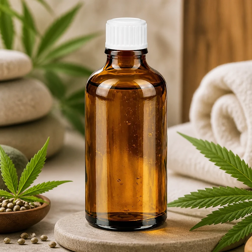 50 ml brun ApoGlas-dråbeflaske med hvidt låg omgivet af cannabisblade og hampfrø