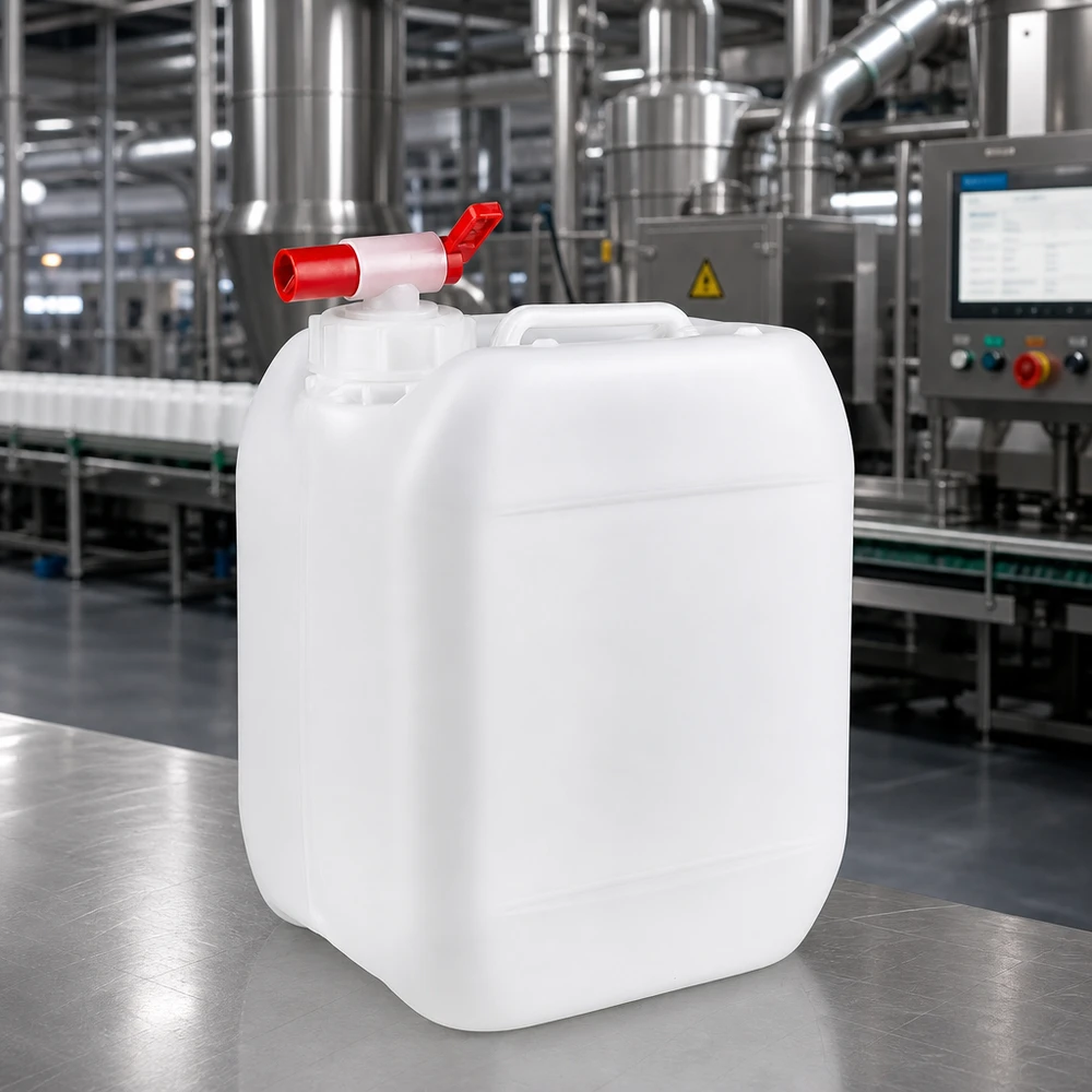 Kompakt 5-liters dunk med integreret bærehåndtag og rødt udløbshan i et industrielt miljø