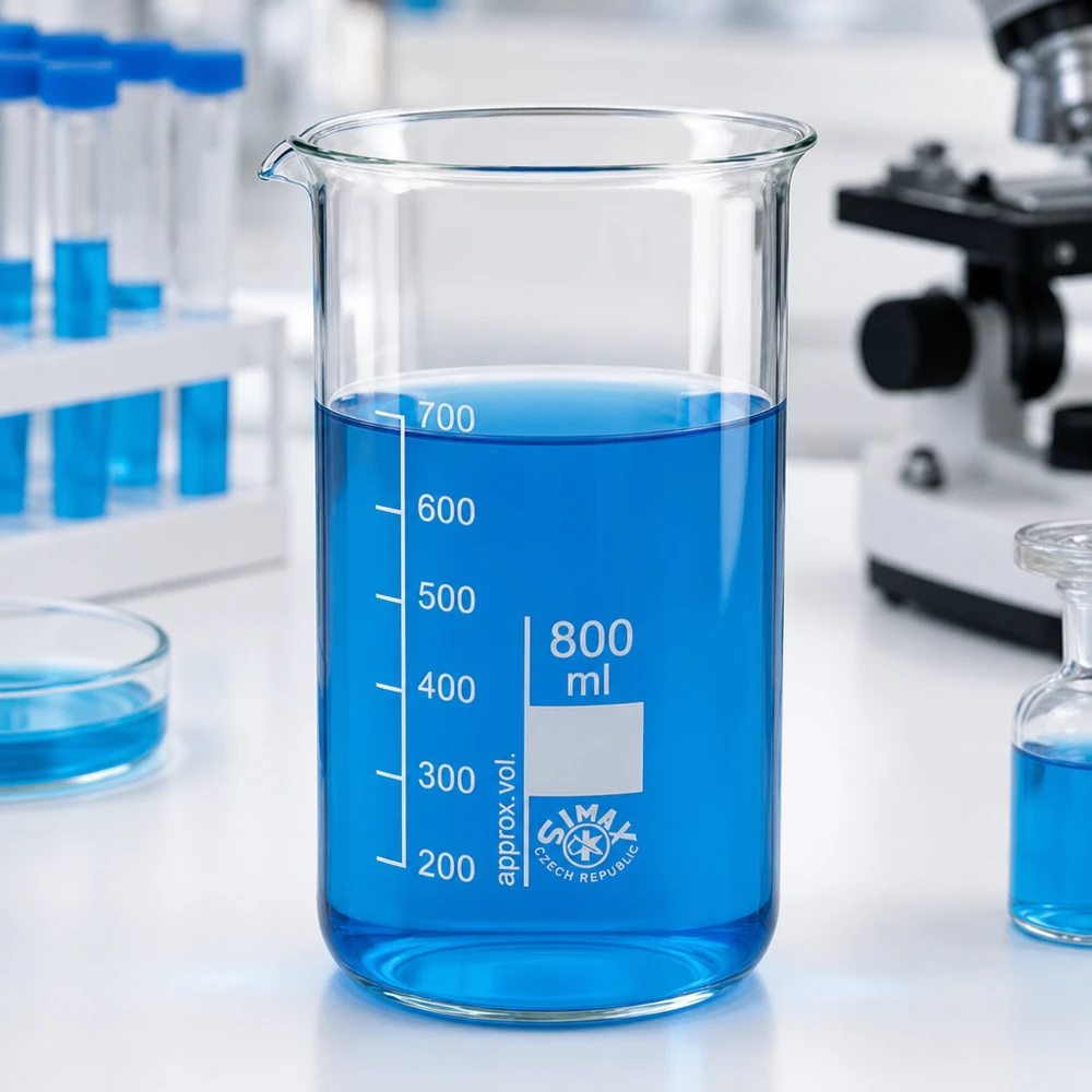 Bægerglas 800 ml borosilikatglas, høj form Tomt bæger på 800 ml, højt design, af borosilikatglas med blå væske i laboratoriet