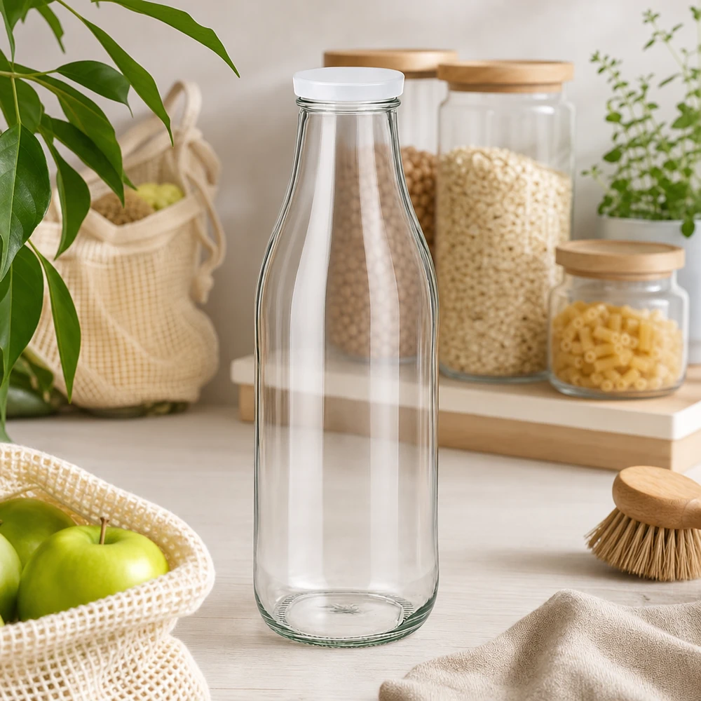 1000 ml glasflaske + BasicSeal-låg hvid UNiTWIST. Absolut lækagesikker med stort TO48-låg. Til mælk, juice og limonade. 1000 ml glasflaske tom med hvidt BasicSeal-låg bæredygtigt køkken zero waste livsstil opbevaring