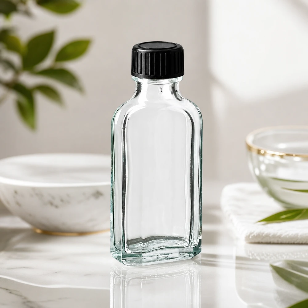 Rektangulær 50 ml glasflaske, Meplat, klar, med sort skruelåg på marmoroverflade