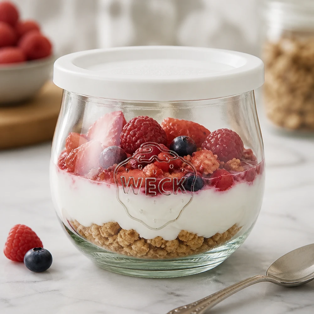 370 ml tulpanglas med friskhedslåg WECK RR80 WECK tulipankrukke 370 ml som dessertskål fyldt med yoghurt og bær, hvidt friskhedslåg RR80 synligt