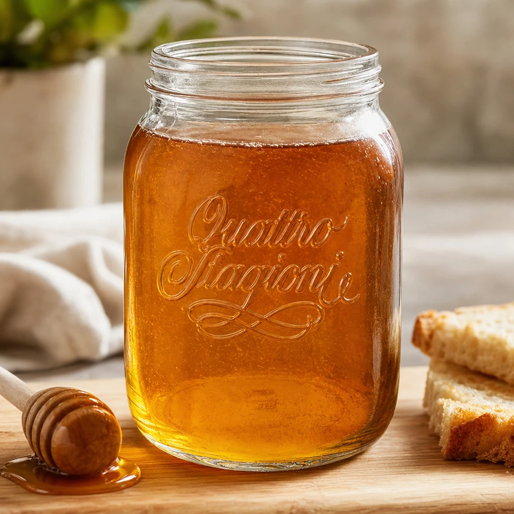 2000 ml husholdningsglas "Quattro Stagioni" Quattro Stagioni 2000 ml husholdningskrukke fyldt med honning på en træplade med honningske og honeycomb