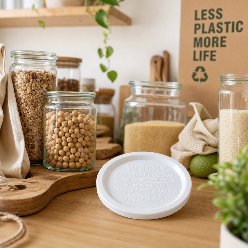 WECK/REX keep-fresh-låg RR120 WECK REX keep-fresh-låg RR120 hvid i bæredygtigt zero-waste-køkken med opbevaringskrukker og træredskaber