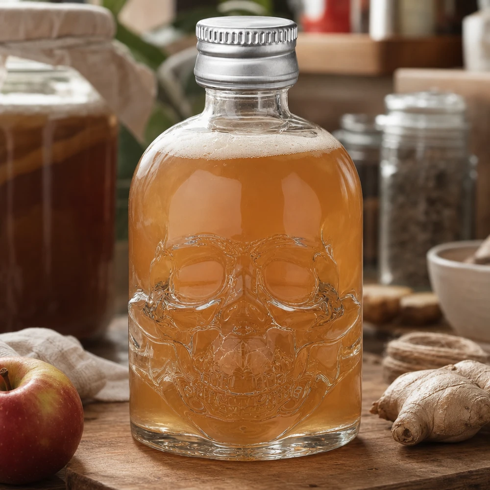 50 ml glasflaske »Hector« og skruelåg sølv UNiTWIST® 50 ml Hector-glasflaske med kranierelief fyldt med æble-ingefærdrik i et naturligt køkkenmiljø