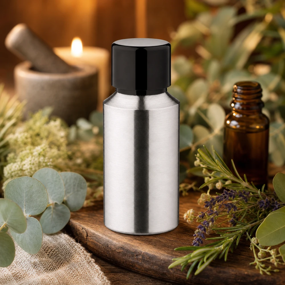 30 ml flaske i poleret aluminium med skruelåg 30 ml flaske i poleret sølvaluminium til æteriske olier og aromaterapi