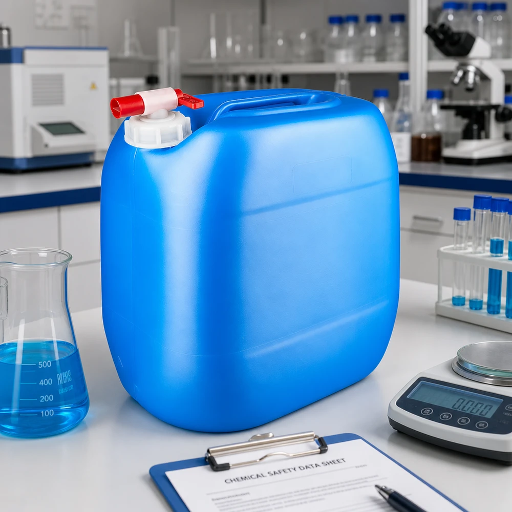 Lyseblå 30-liters HDPE-kanister med rødt tappehåndtag på et hvidt laboratoriebord