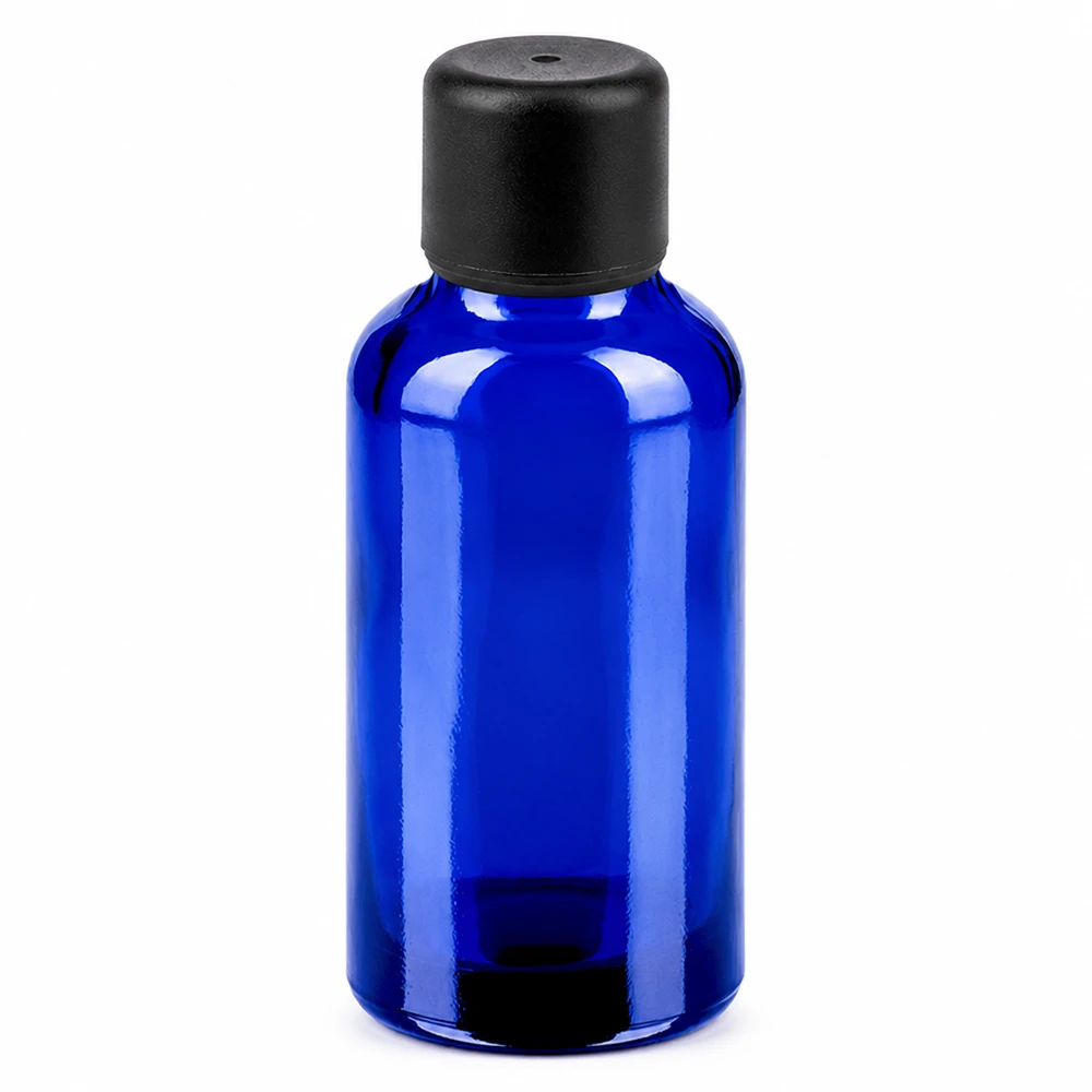 Blå 30 ml glasflaske med sort hætte til æteriske olier og kosmetik
