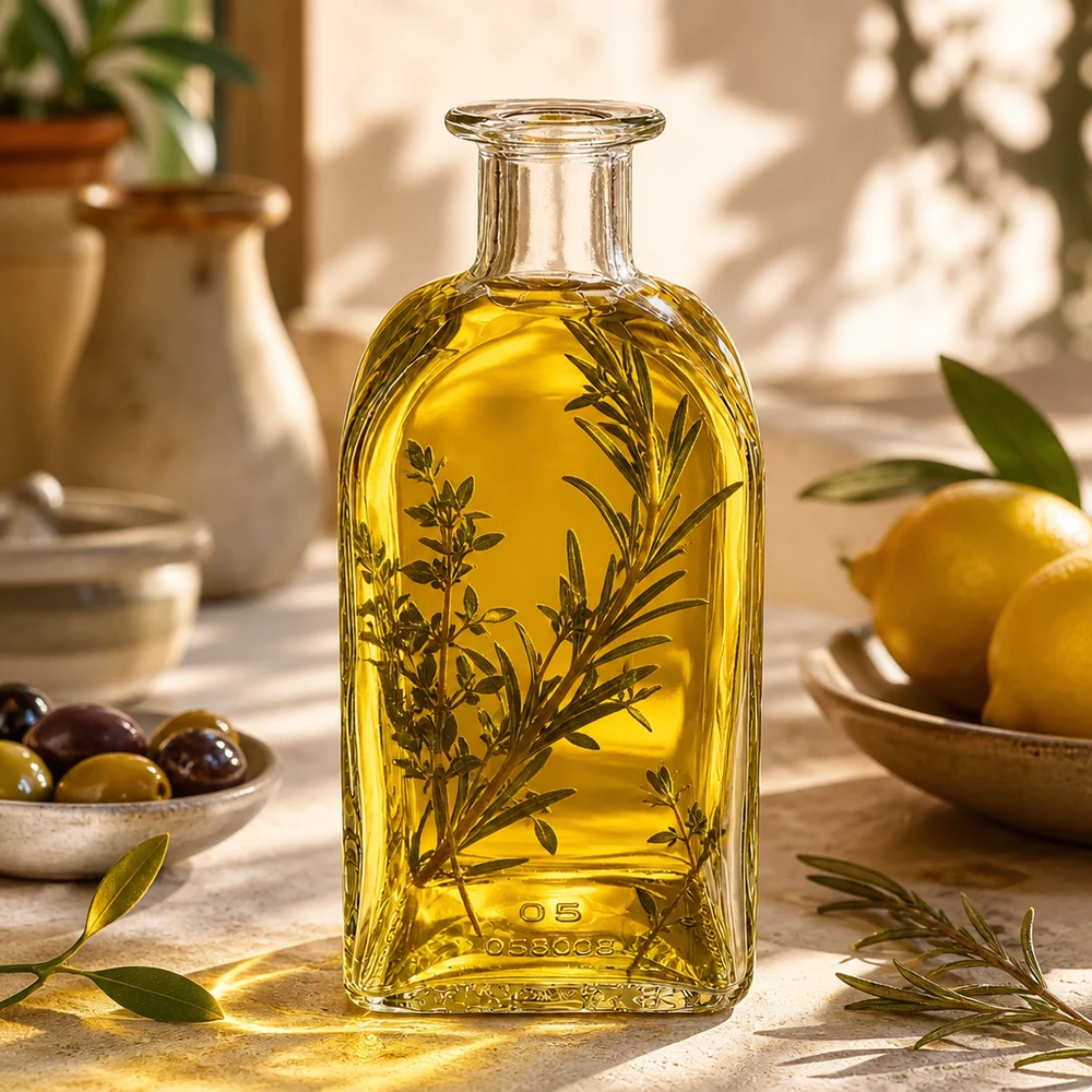 500 ml apoteksflaske Julia uden lukning UNiTWIST® 500 ml glasflaske Julia fyldt med olivenolie og krydderurter Middelhavskøkken med oliven og citroner