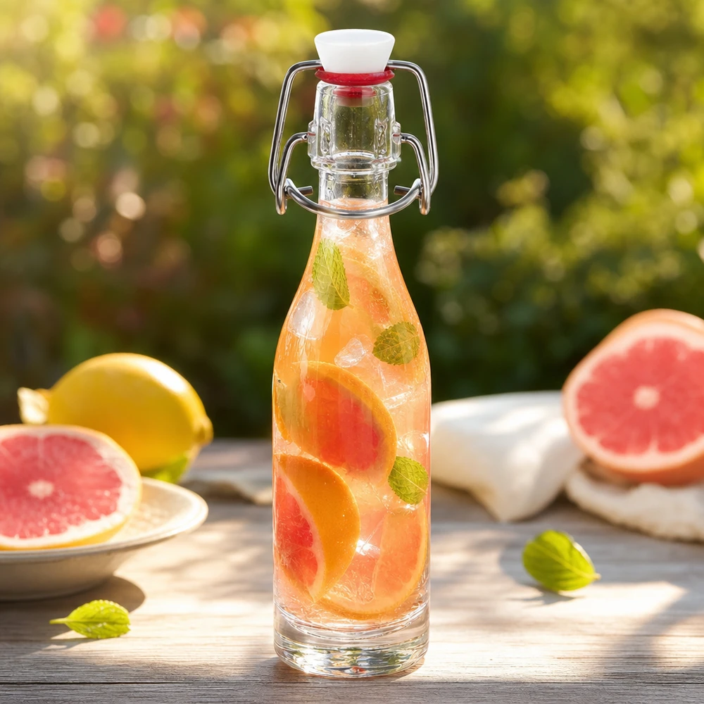 50 ml glasflaske og hængelukning PVC UNiTWIST 50 ml glasflaske med PVC-svingtop fyldt med grapefrugtmyntevand i en sommerlig havestemning
