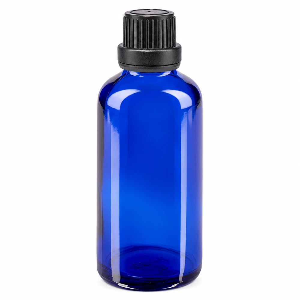 50 ml blå glasflaske med sort originalitetslukning og 2 mm dråbeindsats af apoteksglas