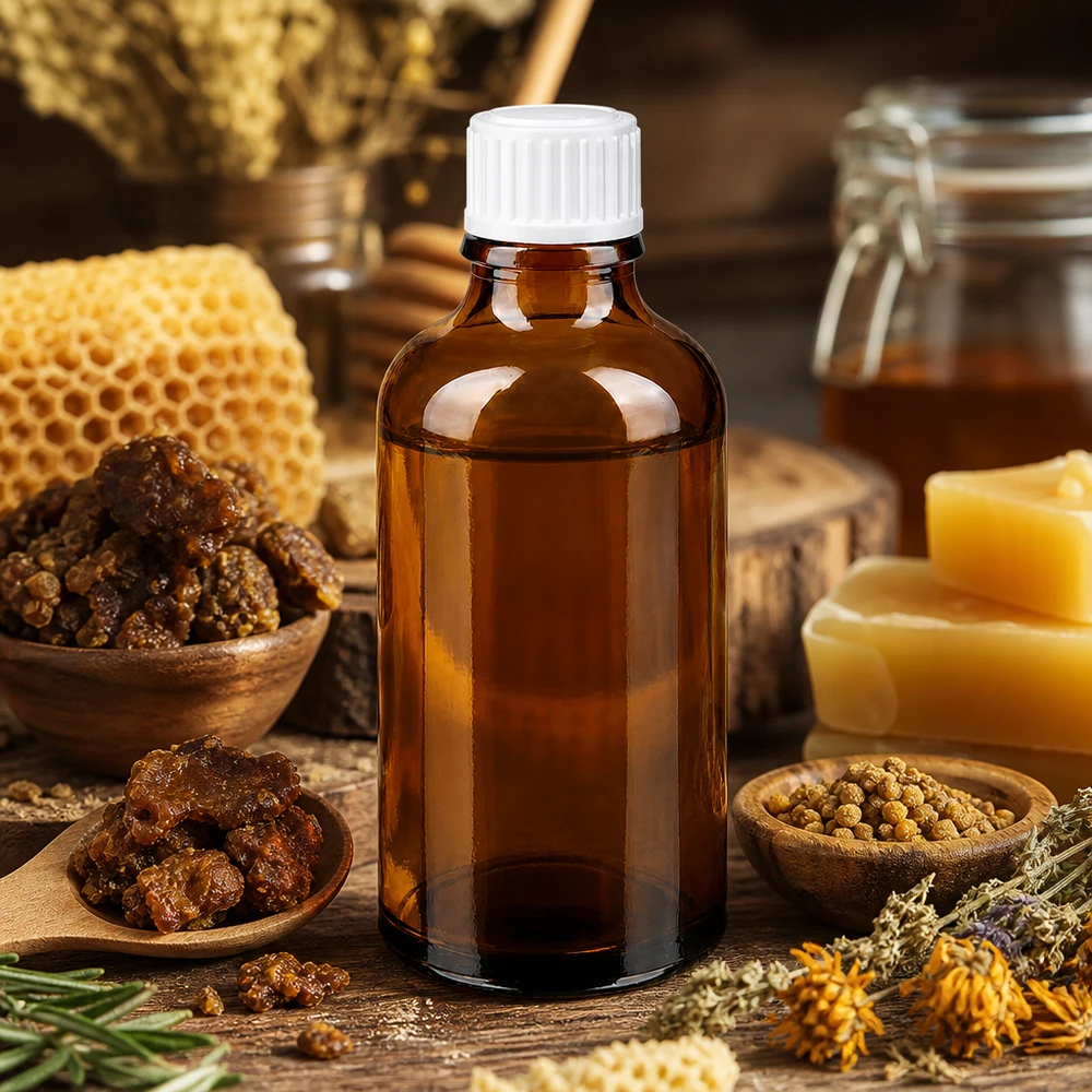 Brun glasflaske på 50 ml med hvid skruelåg mellem bikager og propolis