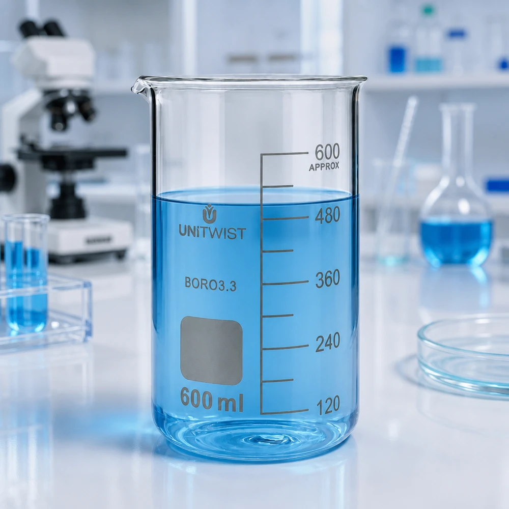 Bæger 600 ml borosilikat, høj form UNITWIST UNITWIST 600 ml borosilikatglas, høj model, med blå væske i laboratoriet