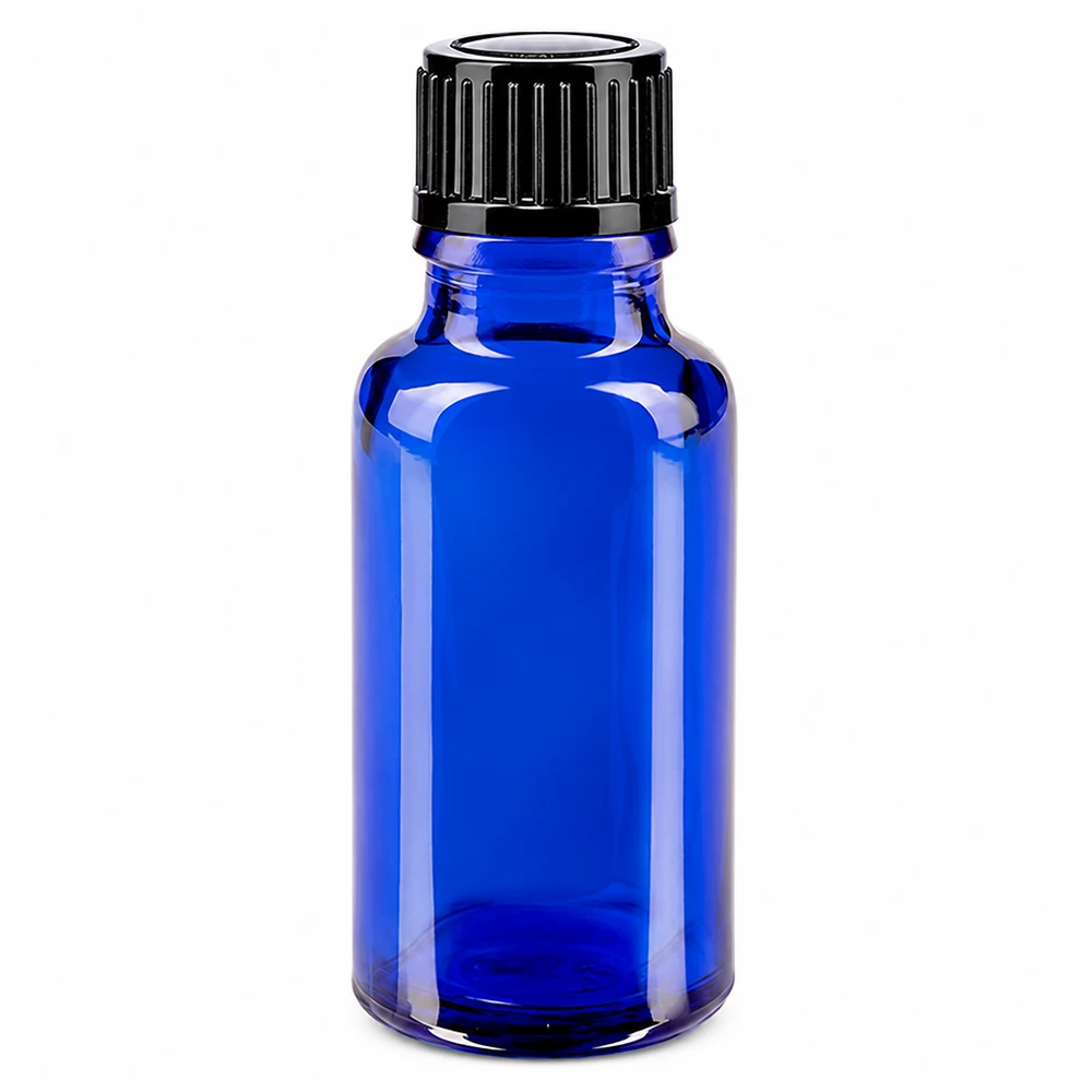 Apoteksflaske blå 20ml dryp v. 1mm sort pc 20 ml blå glasflaske med sort dråbepropp af apoteksglas af høj kvalitet, STD