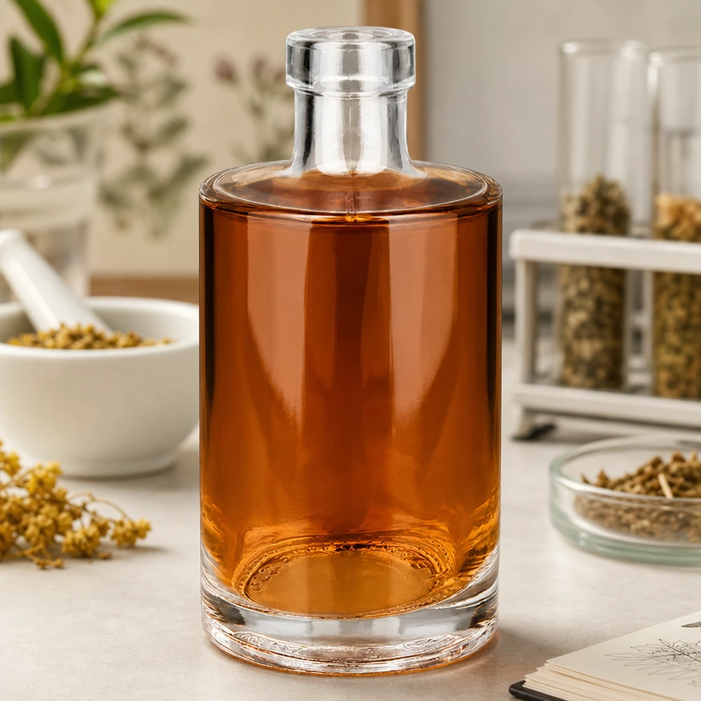 350 ml glasflaske Marie uden lukning UNiTWIST® 350 ml glasflaske Marie med ravfarvet indhold på køkkenbordet mellem krydderier og krydderurter Image 5 of 10