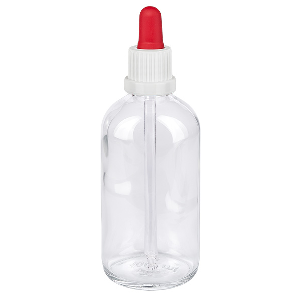 100 ml pipetteflaske hvid/rød OV ClearLine UT18/100 100 ml pipetteflaske af klart glas med hvid skruelåg og rød pipettekugle