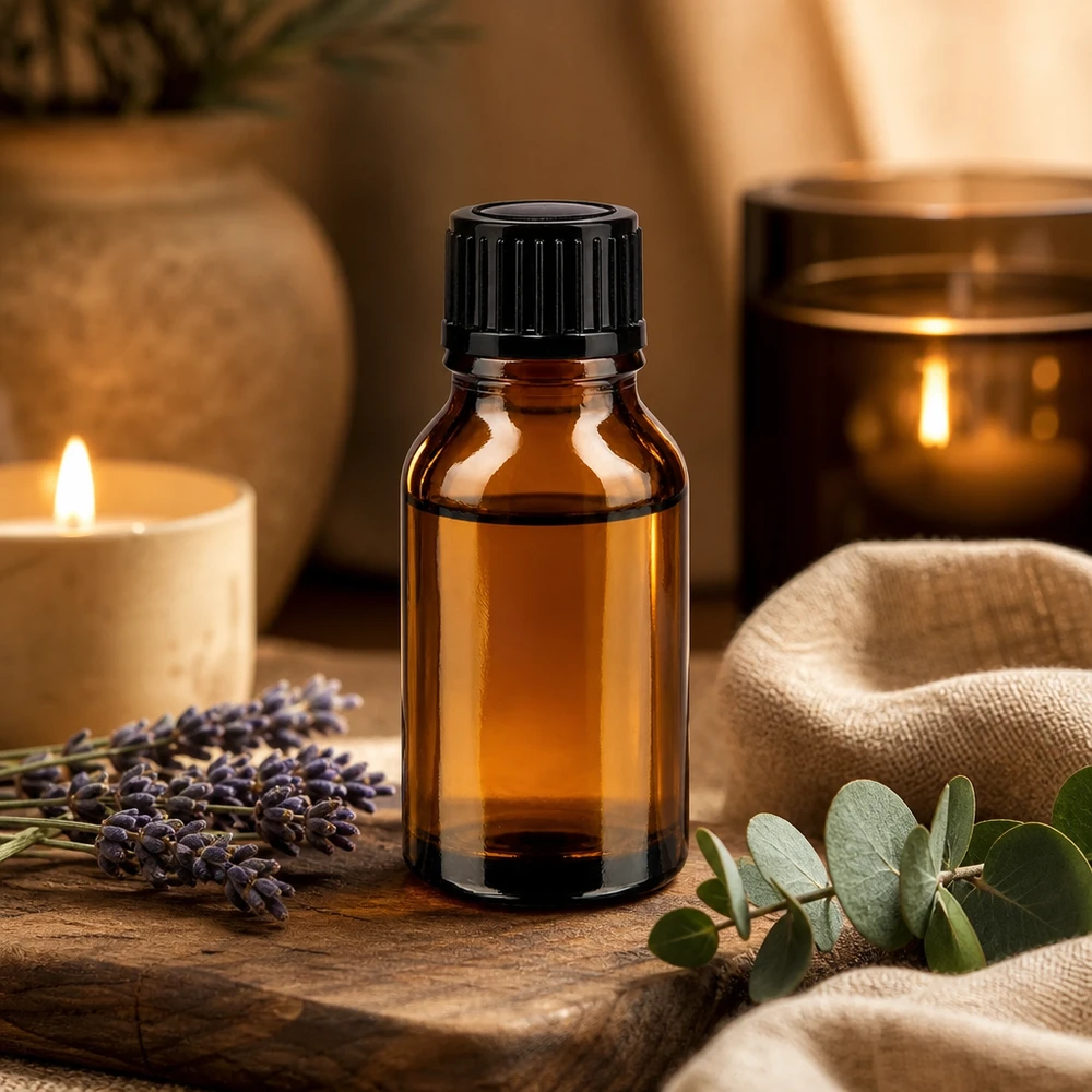 Solcremeflaske på 15 ml i brunt glas med sort dråbeforsegling på træunderlag med lavendel