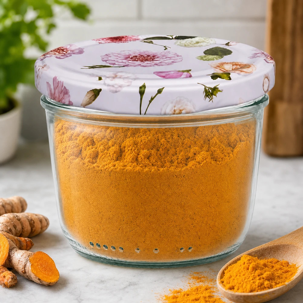 230 ml væltet glas + BasicSeal låg Blume rosa UNiTWIST Beholder 230 ml fyldt med gurkemejepulver BasicSeal låg blomstermotiv krydderikrukke opbevaringskrukke køkken