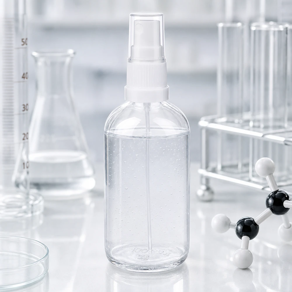 100 ml sprayflaske hvid/tr. STD ClearLine UT18/100 100 ml sprøjteflaske ClearLine UT18 i laboratoriet med reagensglas og molekylmodel