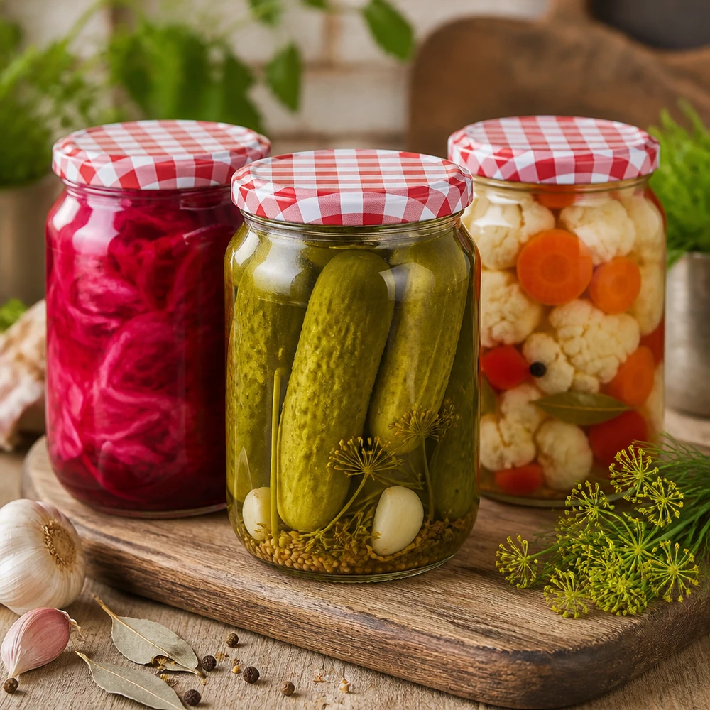 795 ml rund krukke med BasicSeal-låg rød/hvid UNiTWIST 795 ml rund krukke med BasicSeal-låg med syltede agurker, sauerkraut og blandede grøntsager på en træplade med krydderier