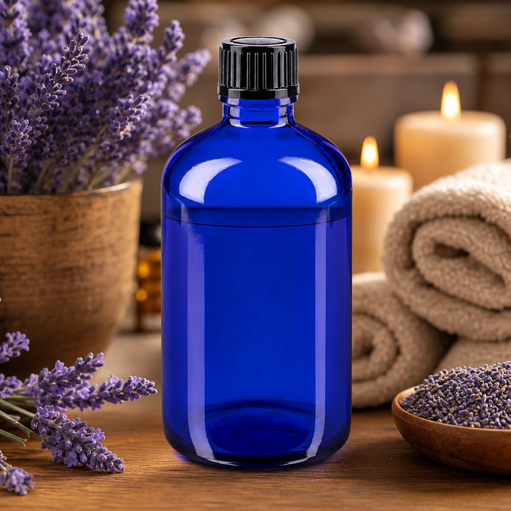 Blå 100 ml glasflaske med sort låg omgivet af lavendel og stearinlys