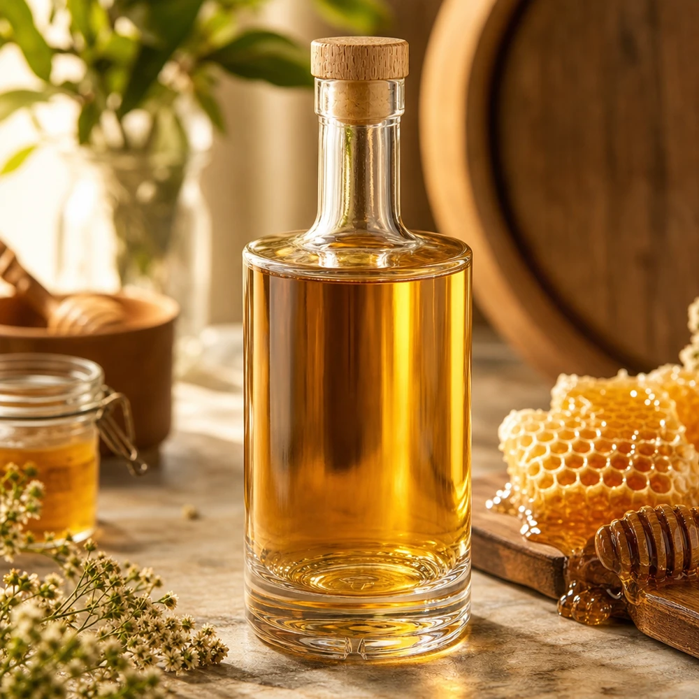 500 ml glasflaske »Nora« med træhåndtag og prop UNiTWIST® 500 ml glasflaske Nora fyldt med honninglikør træprop UNiTWIST honeycomb honningkrukke naturlig dekoration