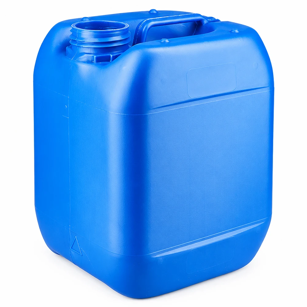 5 liters dunk blå uden låg Blå plastdunk på 5 liter uden låg, med bærehåndtag, fremstillet af HDPE