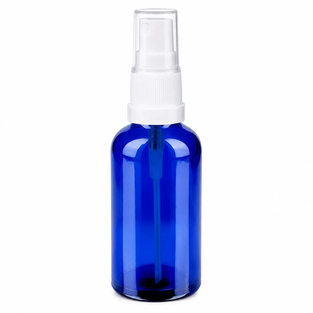Blå 50 ml glassprayflaske med hvidt sprayhoved til kosmetik og æteriske olier