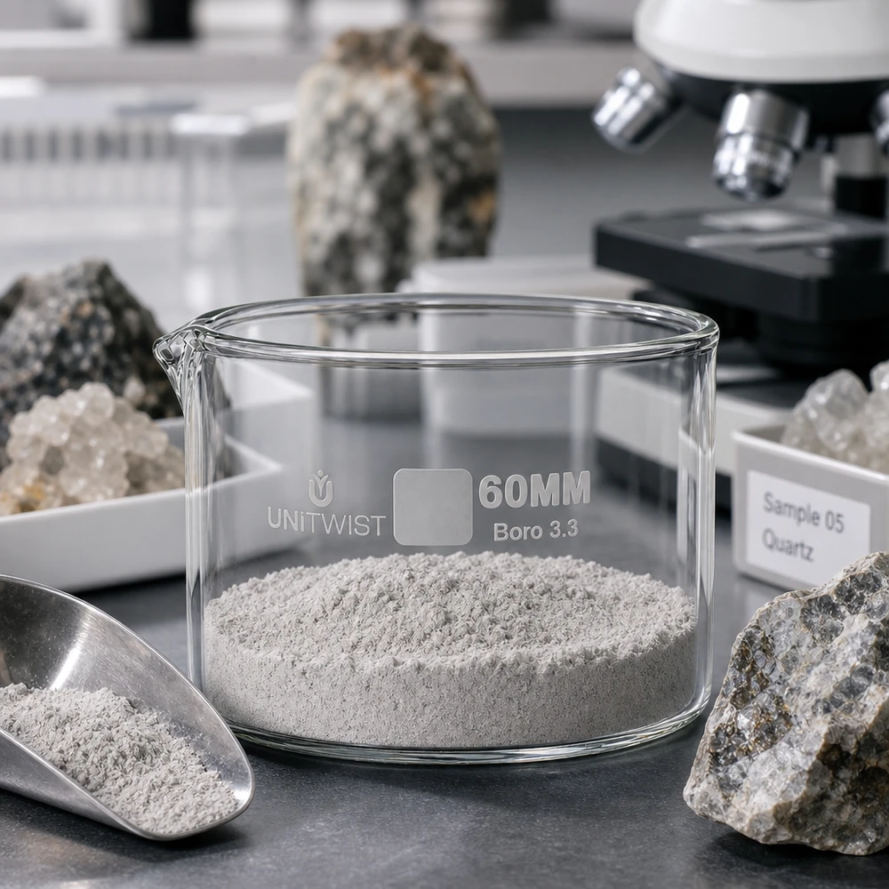 Krystalliseringsskål ø60mm borosilikatglas UNiTWIST 60 mm UNiTWIST-krystalliseringsskål med gråt mineralpulver på et laboratoriebord, omgivet af stenprøver