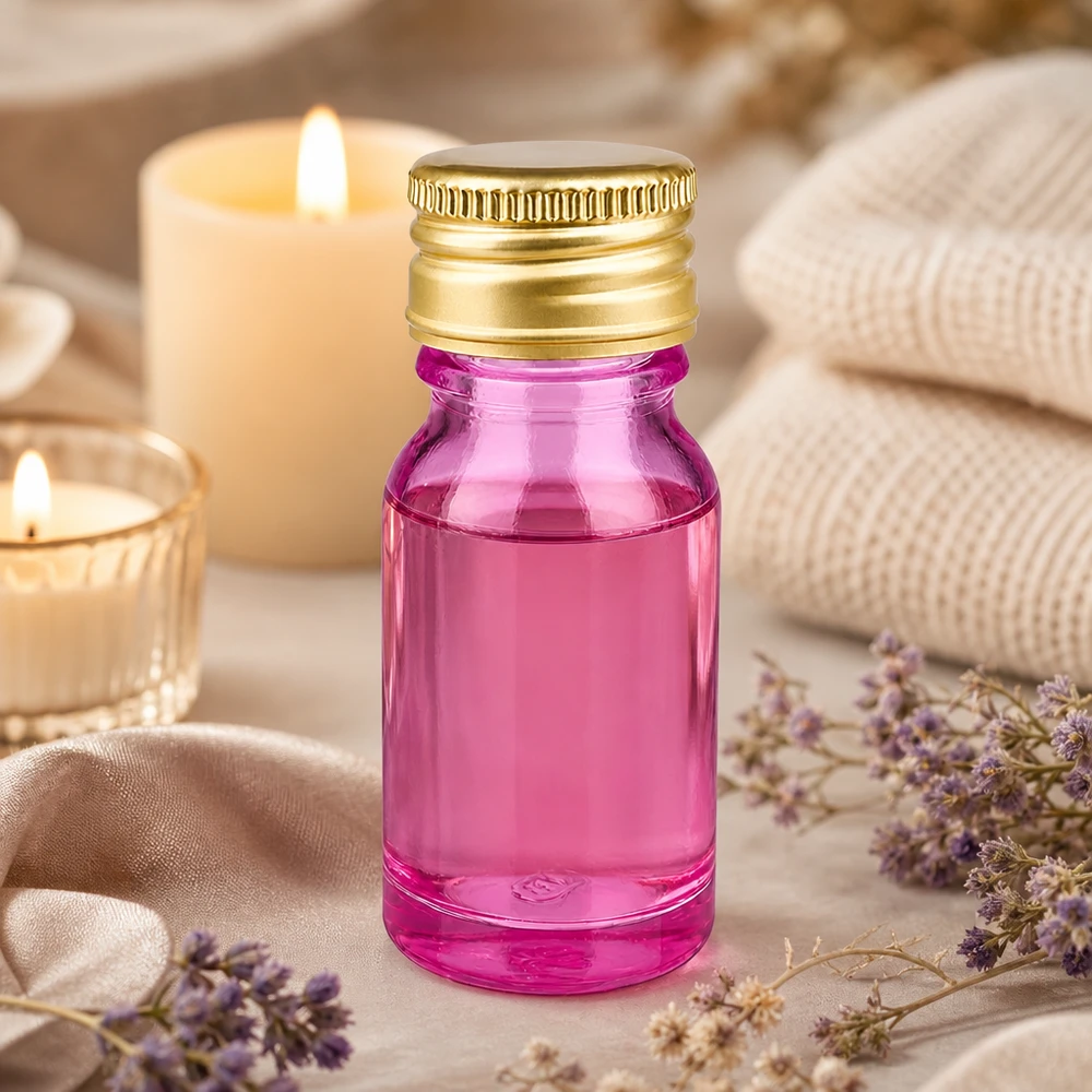 10ml flaske 11mm skruelåg aluminium guld standard PurpleLine. UT18/10 10 ml-flaske af høj kvalitet med struktureret guldhætte og lilla glas til førsteklasses kosmetikprodukter