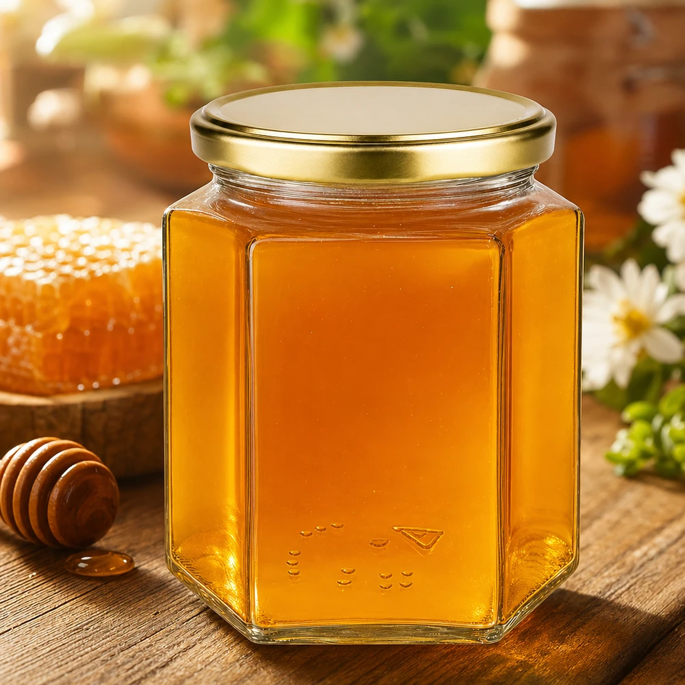 500 g honningglas med gyldent låg BasicSeal UNiTWIST 500g Honigglas BasicSeal mit goldenem Deckel gefüllt mit Honig neben Bienenwabe und Honiglöffel auf Holztisch