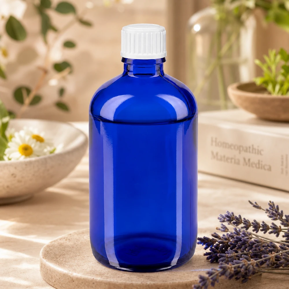 Blå 100 ml glasflaske med hvid prop ved siden af lavendel og en bog om homøopati