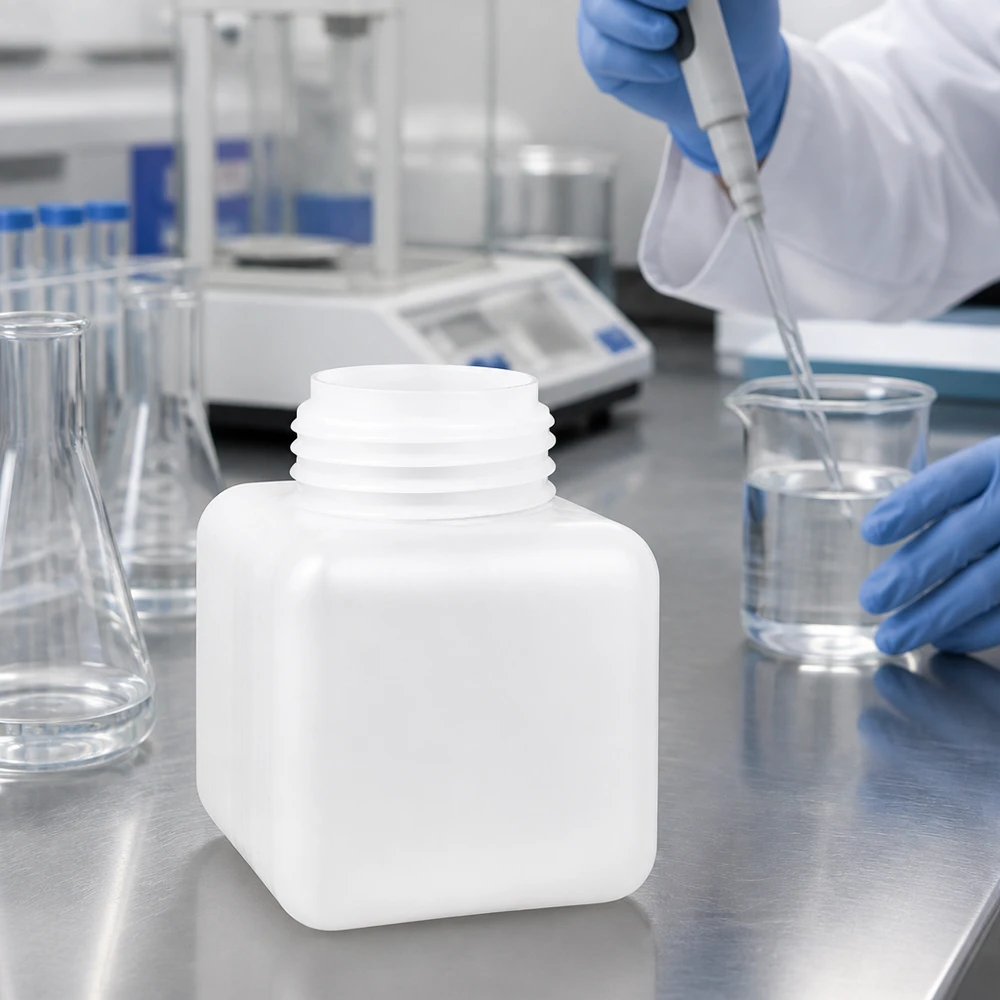 Kemikalieflaske 500 ml, bred hals fremstillet af PE-HD, naturfarve, GL 65 Kvadratisk plastflaske, 500 ml, PE-HD, naturfarvet, bredhalset, til professionelt laboratoriemiljø