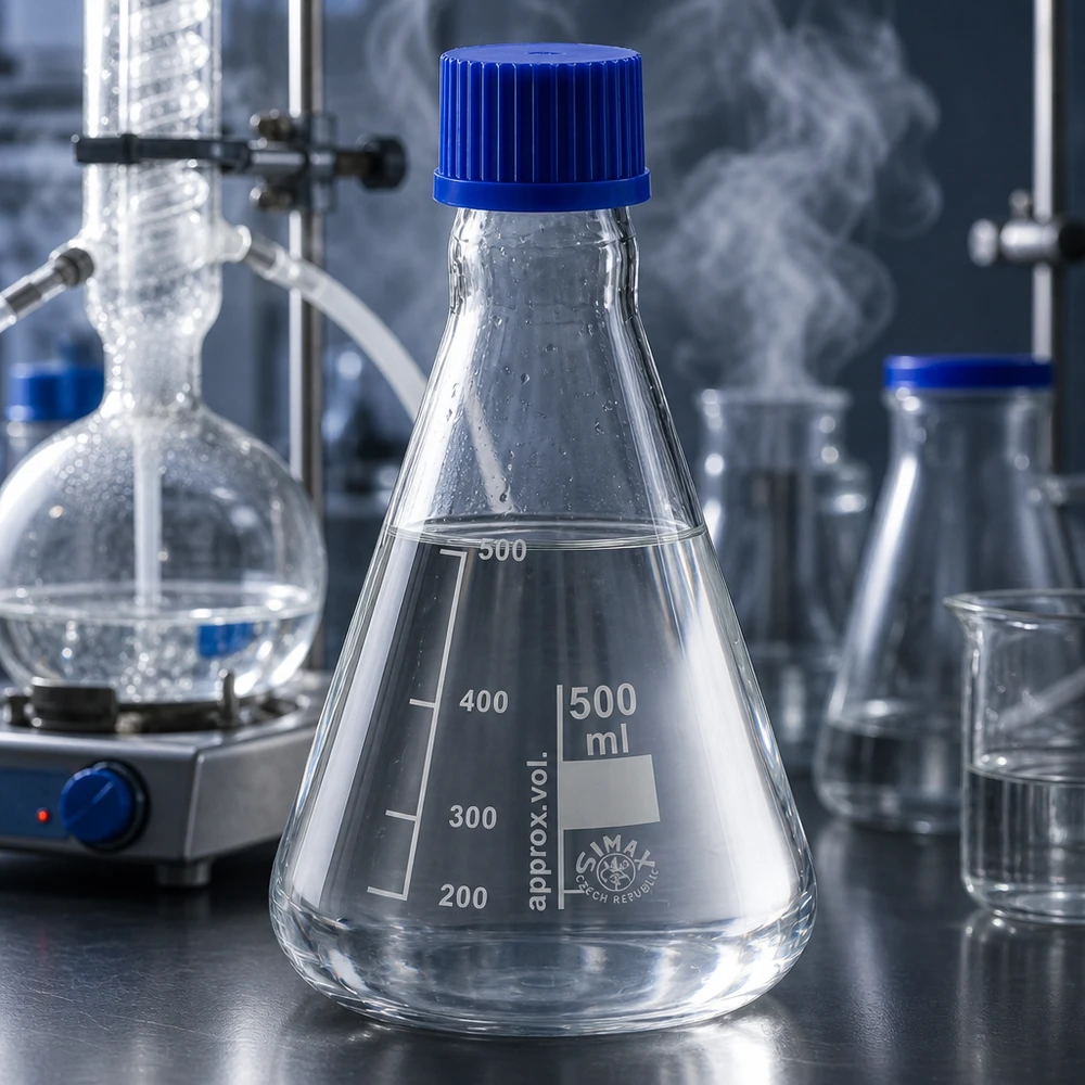 Erlenmeyer-kolbe 500 ml med skruelåg Erlenmeyer-kolbe 500 ml med præcis volumenskala og blåt skruelåg til nøjagtige målinger