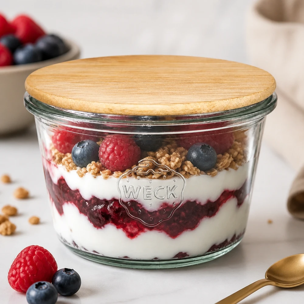 370 ml Briller WECK RR100 med trælåg WECK RR100-bægre 370 ml med bambuslåg fyldt med lagdelt müsli-dessert - yoghurt, granola og hindbær