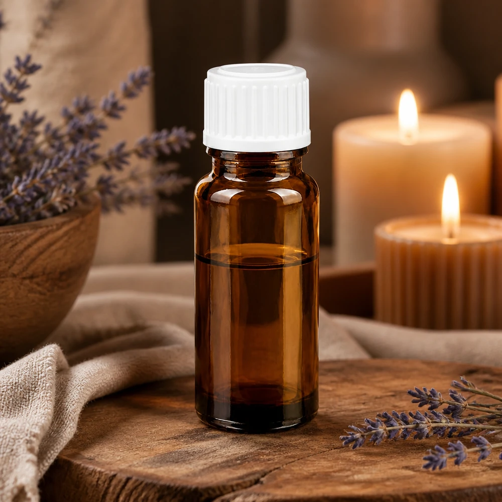Apotekerflaske brun 10ml dråbetæller hvid 0,8mm stk. Lille brun flaske på 10 ml med hvid dråbetæller på rustikt træ med lavendel og stearinlys