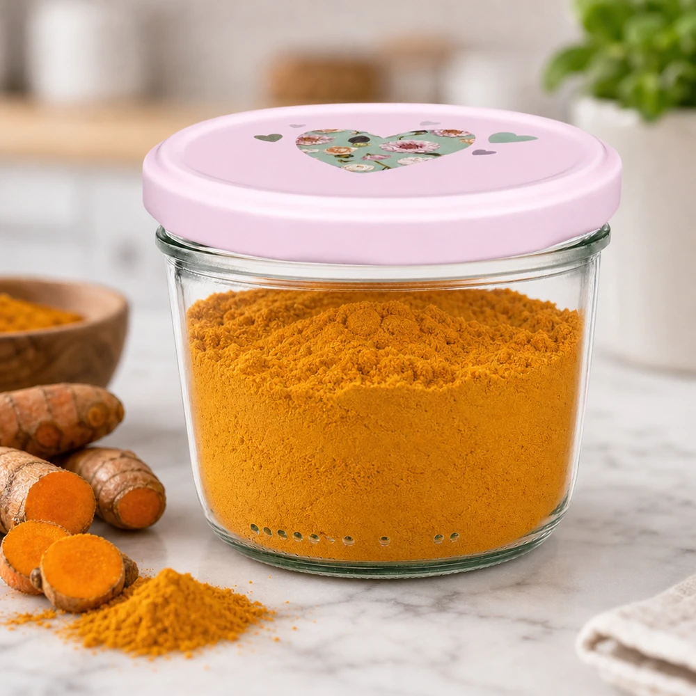 230 ml væltet glas + BasicSeal låg hjerte rosa UNiTWIST 230 ml krukke med lyserødt hjerteformet låg fyldt med gurkemejekrydderipulver ved siden af friske gurkemejerødder Kitchen