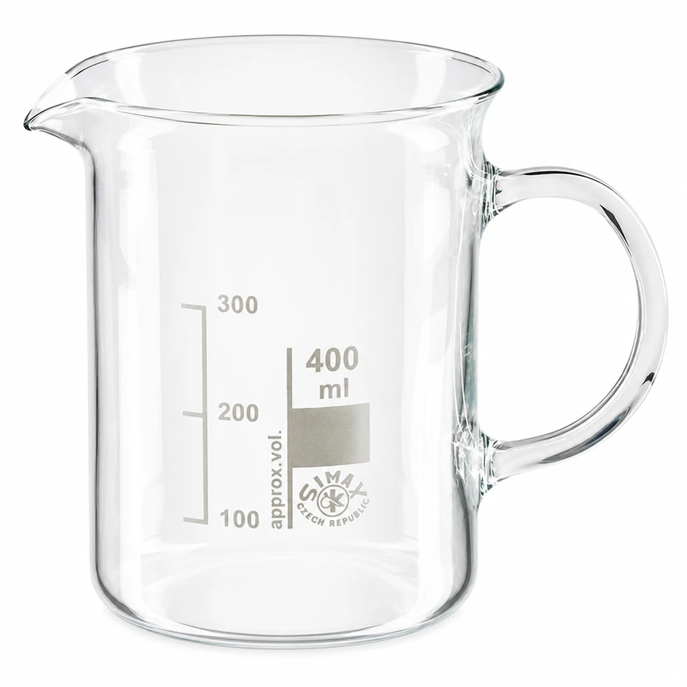 Bægerglas 400 ml borosilikatglas, med håndtag 400 ml bægerglas af borosilikatglas med hank og milliliterskala op til 300 ml