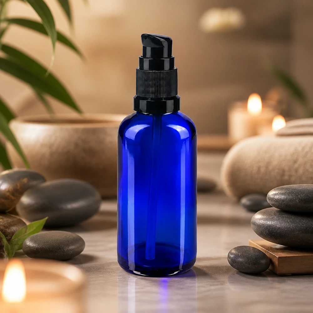 50 ml apotekerglasflaske med pumpe i blå med sort doseringshoved til kosmetikprodukter